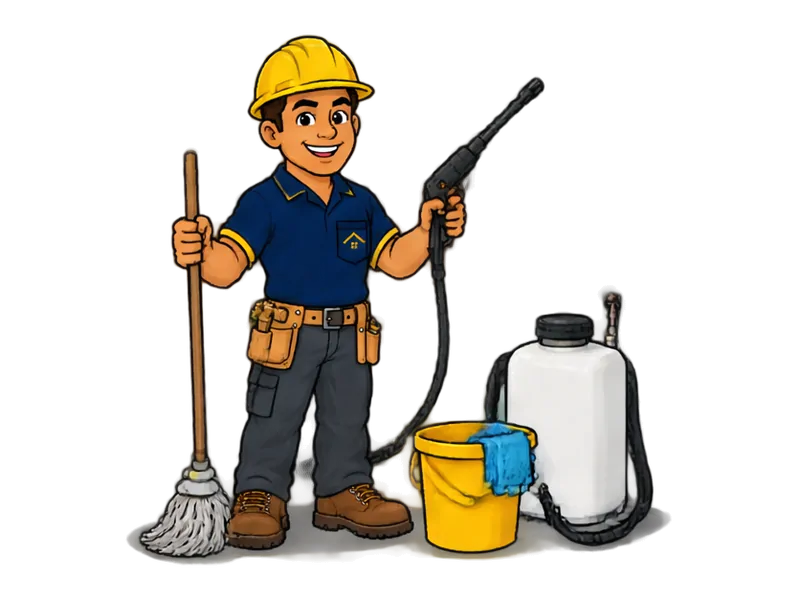 Desenho do técnico do Doutor na Obra com as ferramentas de limpeza e controle de pragas