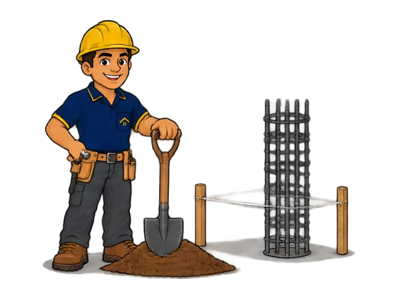 Desenho do técnico do Doutor na Obra com as ferramentas de terraplenagem e fundações