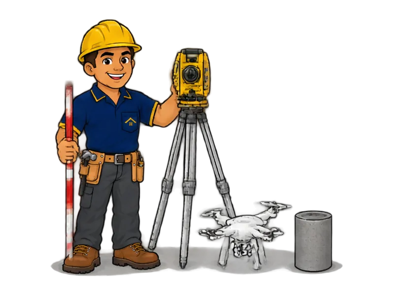 Desenho do técnico do Doutor na Obra com as ferramentas de topografia e sondagem