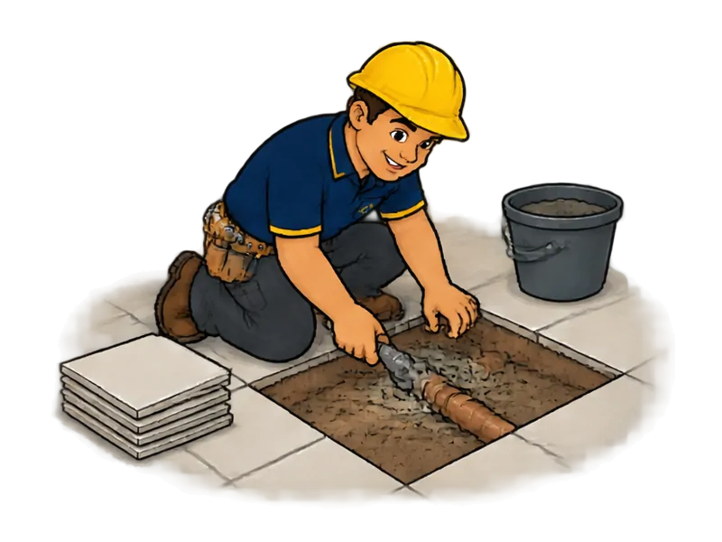 Desenho do técnico do Doutor na Obra fazendo conserto de vazamento em parede, laje ou piso