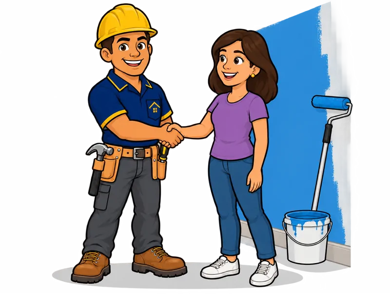 Desenho do técnico do Doutor na Obra apertando a mão de uma cliente na entrega do serviço