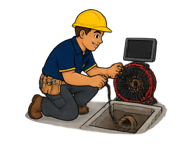 Desenho do técnico do Doutor na Obra fazendo inspeção de tubulação com câmera