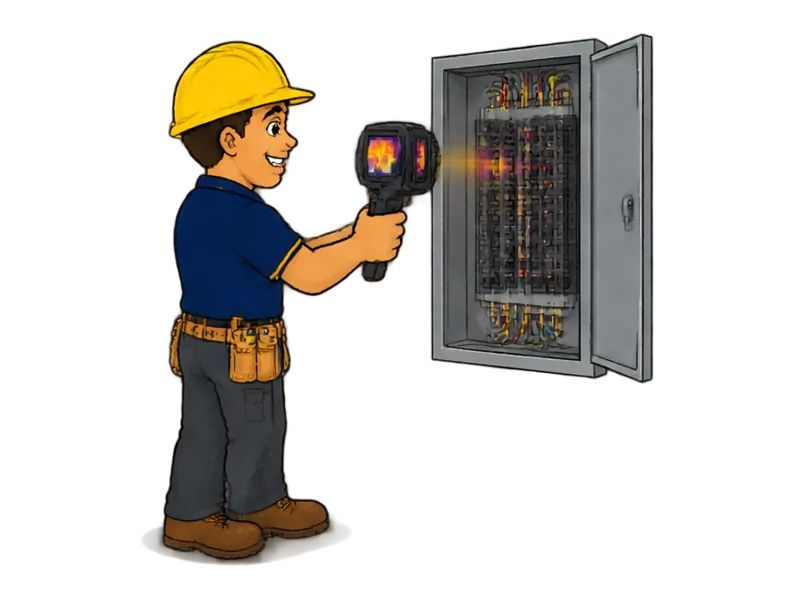 Desenho do técnico do Doutor na Obra fazendo inspeção termográfica de quadros e painéis