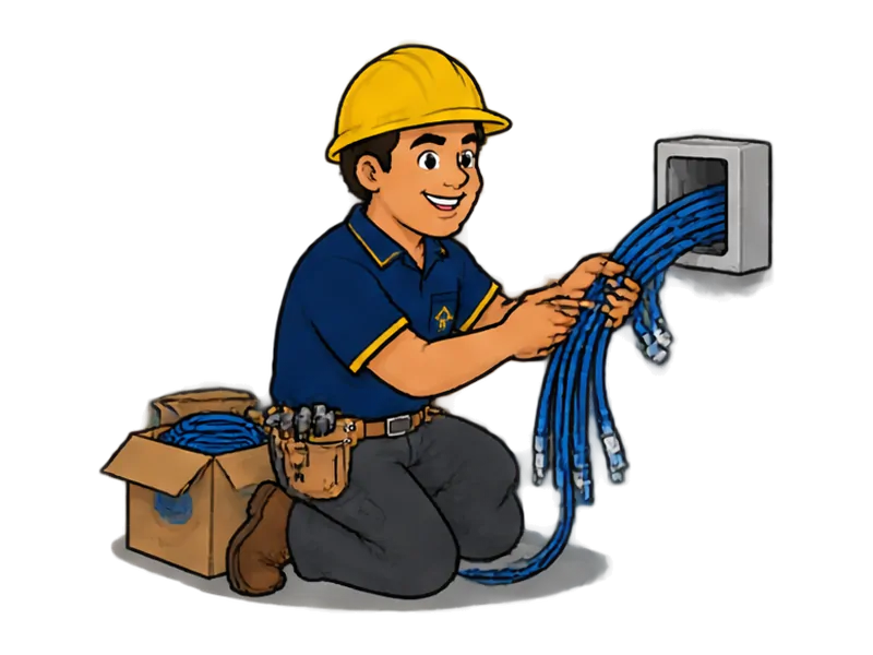 Desenho do técnico do Doutor na Obra fazendo instalação de cabeamento estruturado
