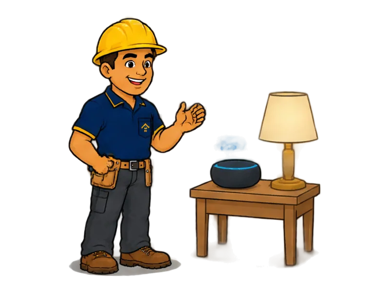Desenho do técnico do Doutor na Obra fazendo instalação de casa inteligente (assistentes de voz)
