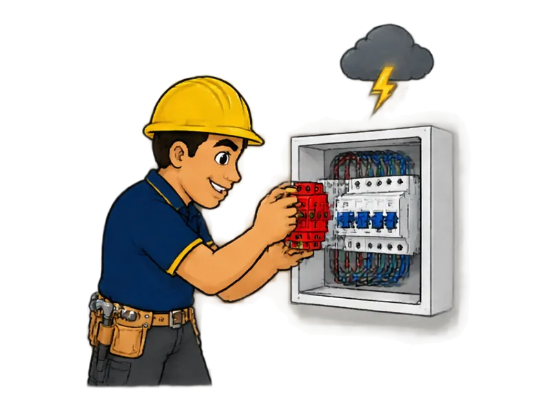 Desenho do técnico do Doutor na Obra fazendo instalação de DPS (proteção contra surtos)
