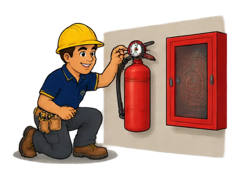 Desenho do técnico do Doutor na Obra fazendo manutenção de extintores e sistemas de incêndio