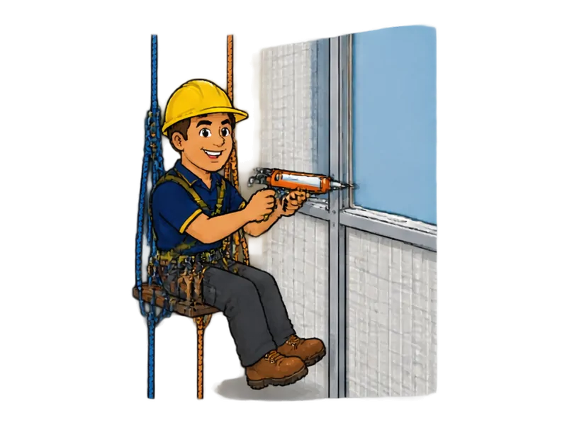 Desenho do técnico do Doutor na Obra fazendo manutenção de fachada com rapel ou balancim