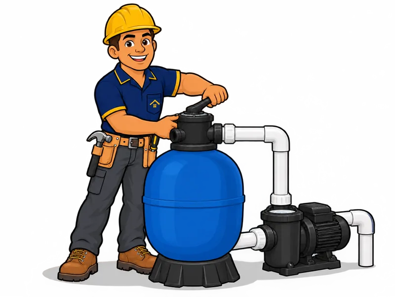 Desenho do técnico do Doutor na Obra fazendo manutenção de filtro e bomba de piscina