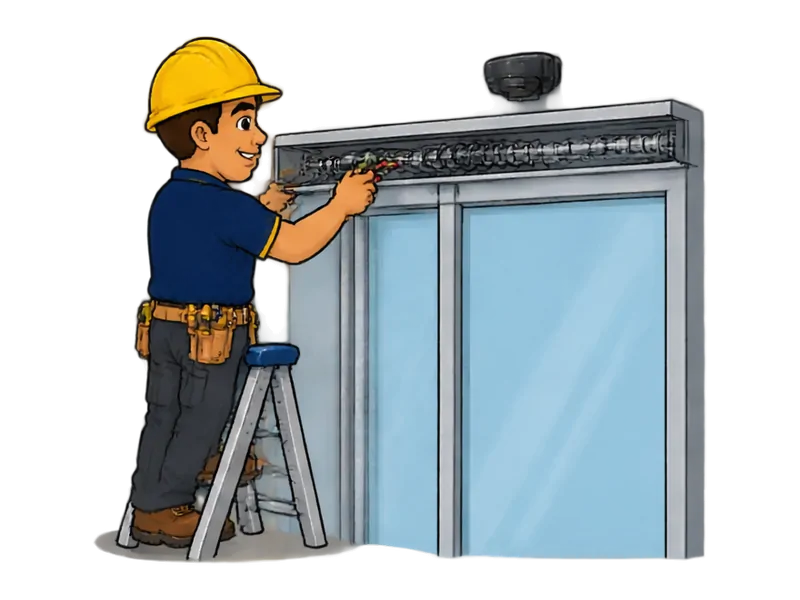 Desenho do técnico do Doutor na Obra fazendo manutenção de portas automáticas