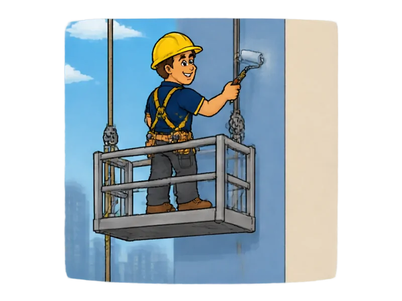 Desenho do técnico do Doutor na Obra fazendo pintura em altura (fachada com rapel ou balancim)