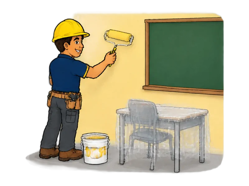 Desenho do técnico do Doutor na Obra fazendo reforma de escola e salão