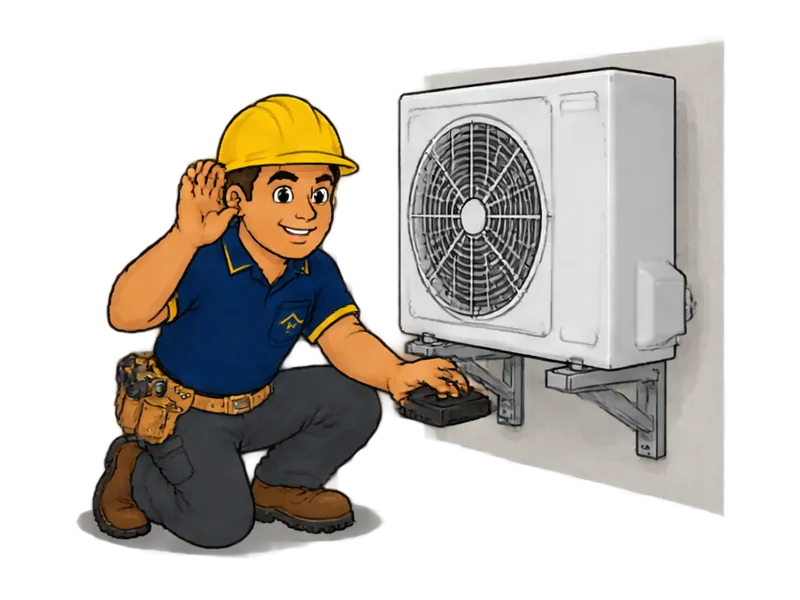 Desenho do técnico do Doutor na Obra fazendo reparo de ar-condicionado com ruído