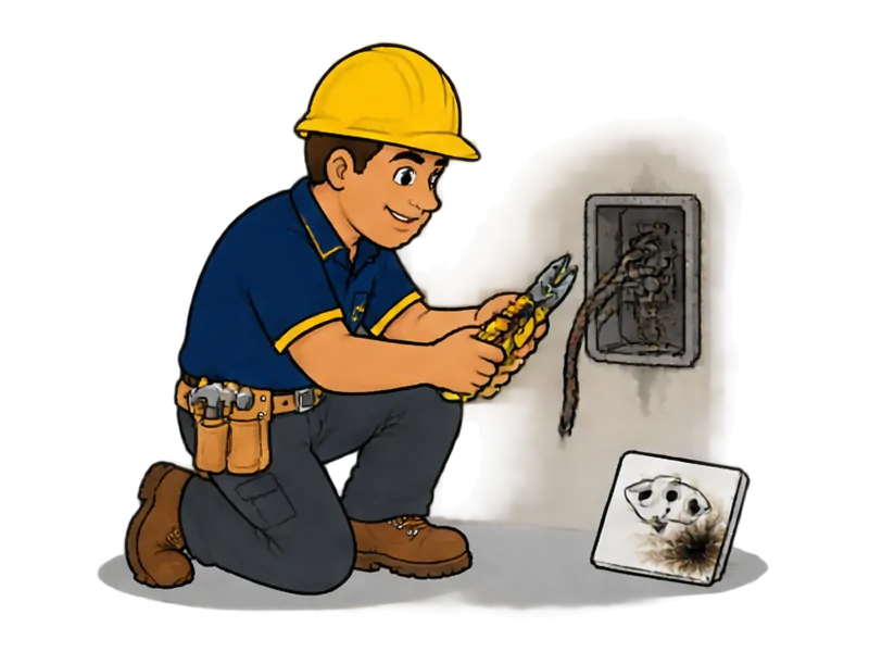 Desenho do técnico do Doutor na Obra fazendo reparo de curto-circuito