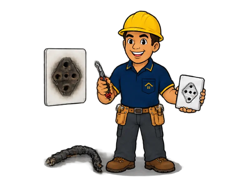 Desenho do técnico do Doutor na Obra fazendo reparo de interruptores e tomadas queimadas