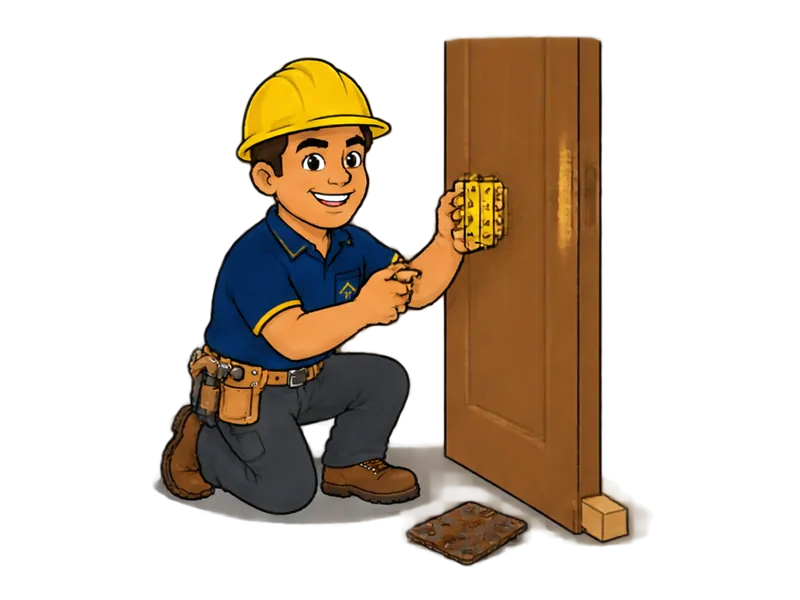 Desenho do técnico do Doutor na Obra fazendo reparo de portas e dobradiças