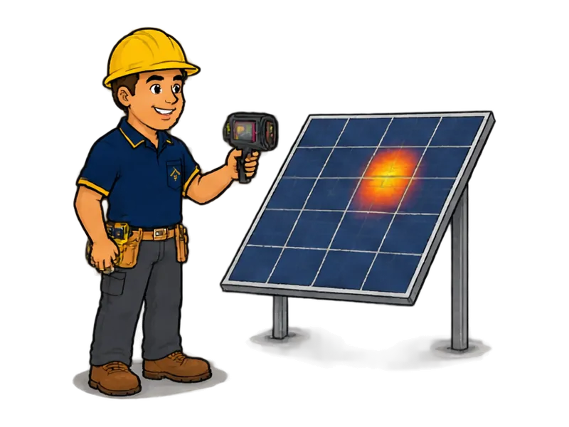 Desenho do técnico do Doutor na Obra fazendo reparo de sistema solar com baixa geração