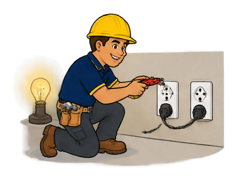 Desenho do técnico do Doutor na Obra fazendo reparo de tomadas sem energia