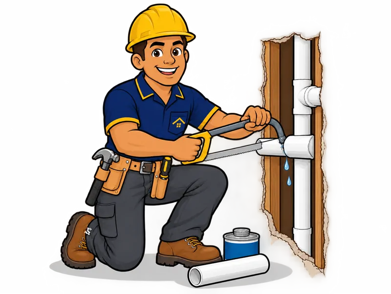 Desenho do técnico do Doutor na Obra fazendo reparo de vazamento em cano