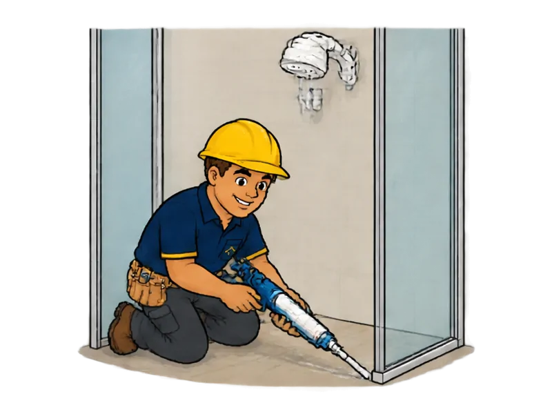 Desenho do técnico do Doutor na Obra fazendo reparo de vazamento em chuveiro e box