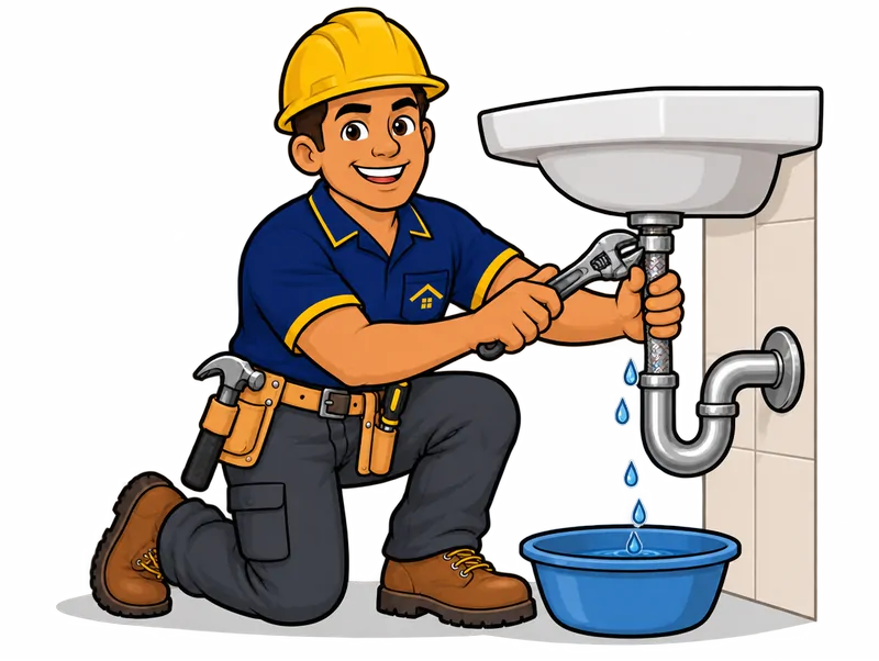 Desenho do técnico do Doutor na Obra fazendo reparo de vazamento em pia