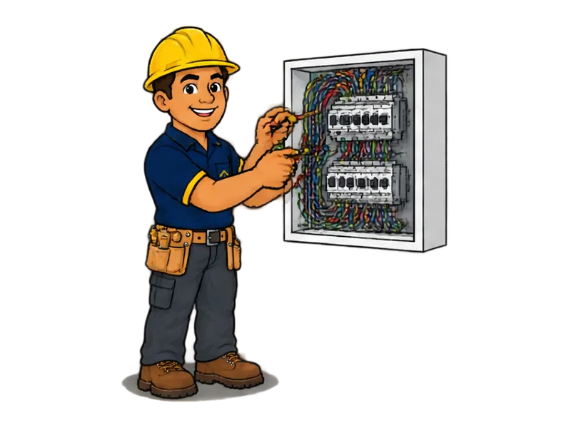 Desenho do técnico do Doutor na Obra fazendo reparo em quadro elétrico