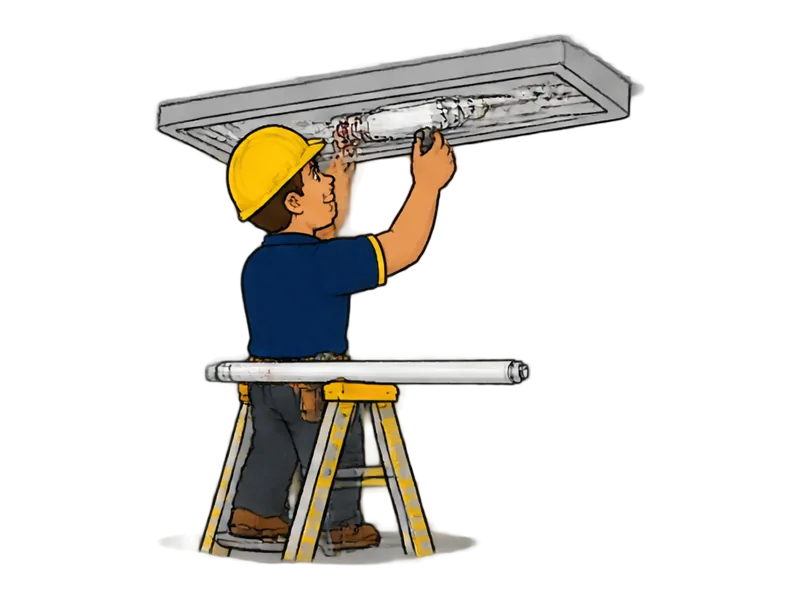Desenho do técnico do Doutor na Obra fazendo troca de lâmpadas e reatores