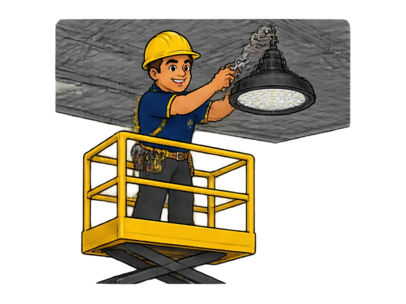 Desenho do técnico do Doutor na Obra fazendo troca de lâmpadas em altura (pé-direito alto)