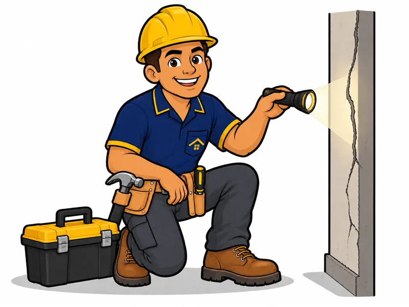 Desenho do técnico do Doutor na Obra examinando uma trinca na parede com uma lanterna